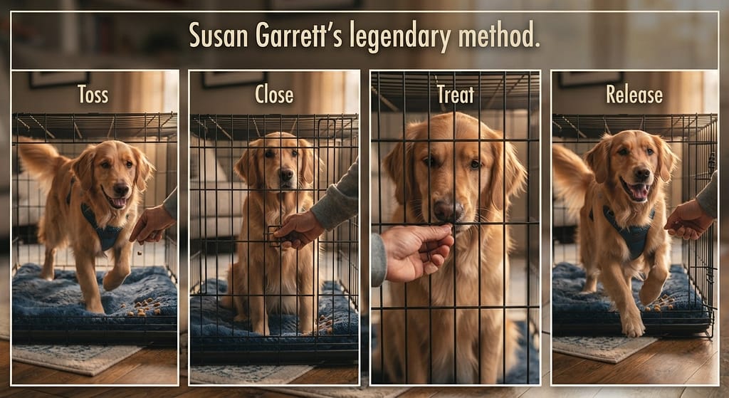 Crate games sequence (4 images) 1. Toss treat in / 2. Close door 1 sec / 3. Treat / 4. Release. Text: "Susan Garrett's legendary method."