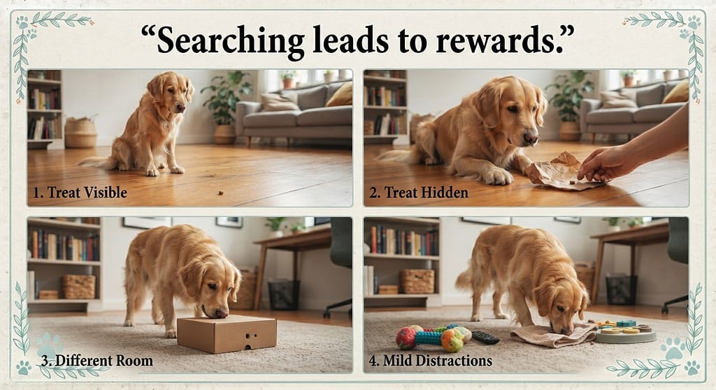 Find It sequence (4 images) 1. Treat visible / 2. Treat hidden / 3. Different room / 4. Mild distractions. Text: "Searching leads to rewards."