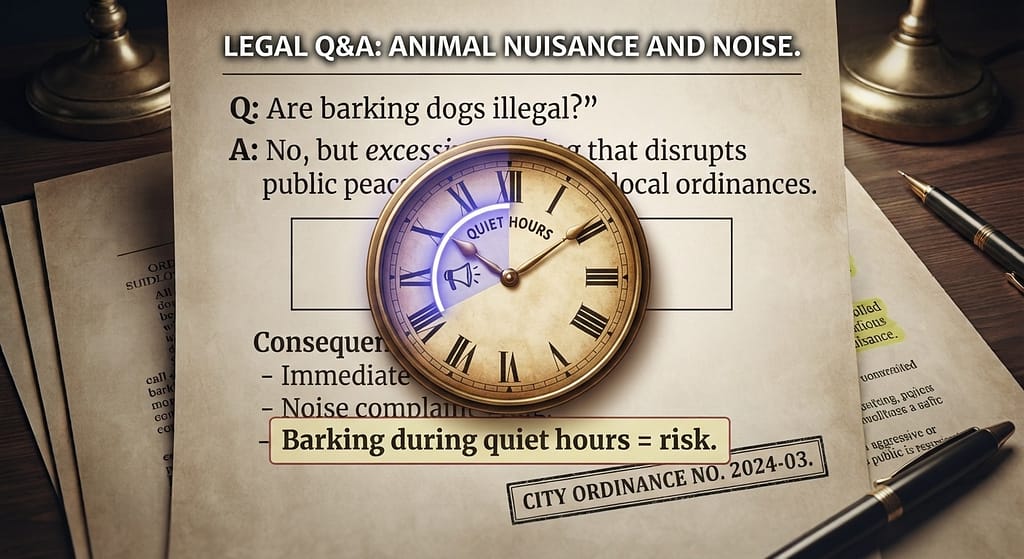 Quiet hours clock 10 PM to 7 AM marked. Text: "Barking during quiet hours = risk."