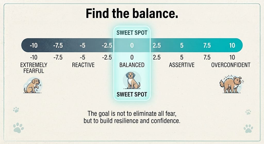 Scale graphic -10 (extremely fearful) to +10 (overconfident). Sweet spot marked. Text: "Find the balance."