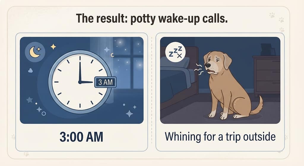 3 AM wake-up graphic Clock showing 3 AM, dog whining. Text: "The result: potty wake-up calls."