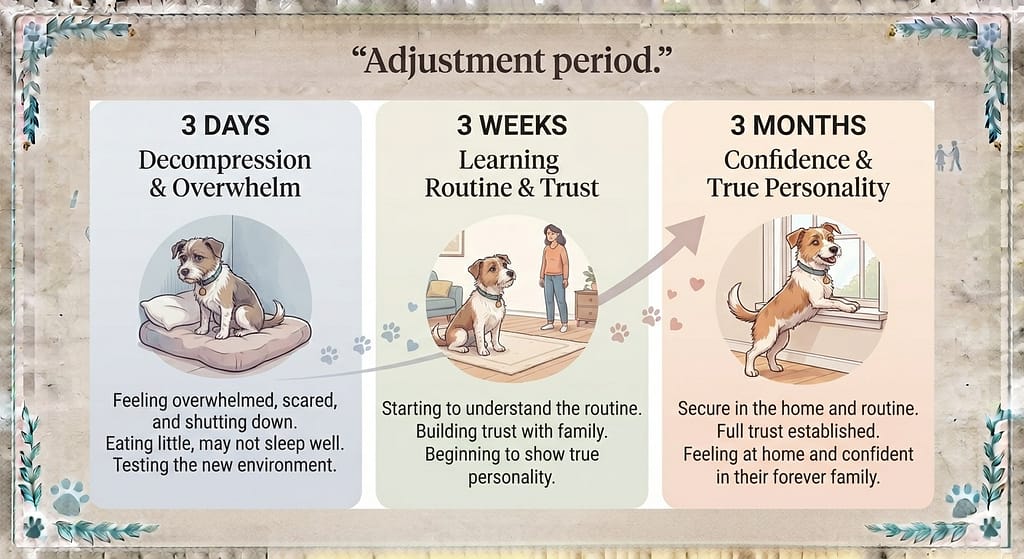 3-3-3 rule graphic 3 days / 3 weeks / 3 months. Text: "Adjustment period."