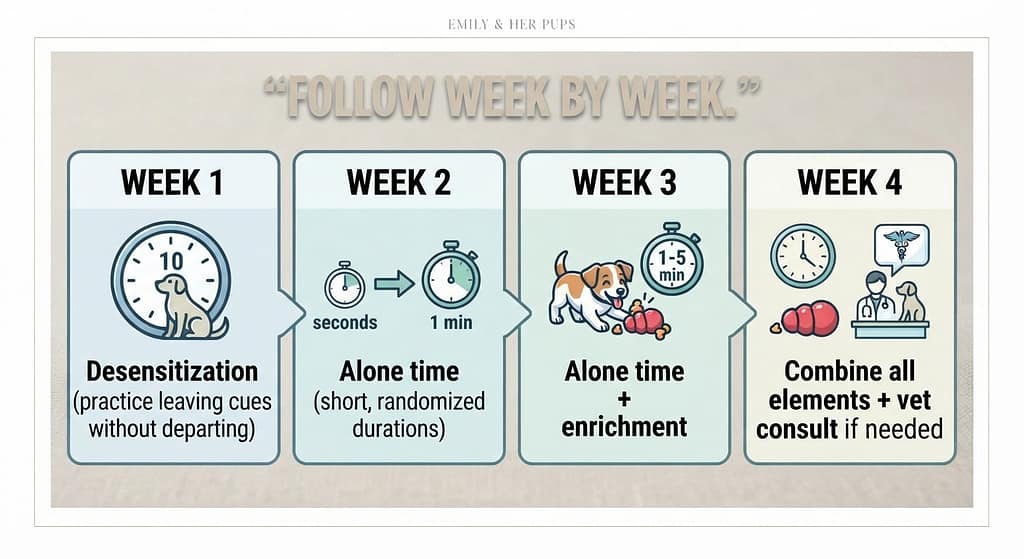 4-week calendar graphic Week 1: Desensitization (10 min) / Week 2: Alone time (seconds → 1 min) / Week 3: Alone time (1-5 min) + enrichment / Week 4: Combine all + vet consult if needed. Text: "Follow week by week."