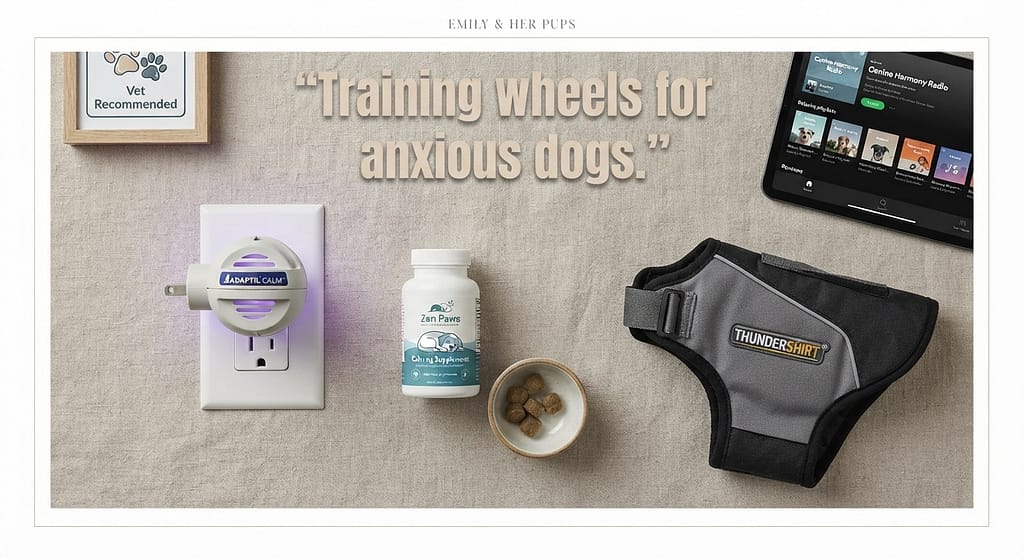 Calming aids flat lay Adaptil diffuser, calming supplements, Thundershirt, music app. Text: "Training wheels for anxious dogs."