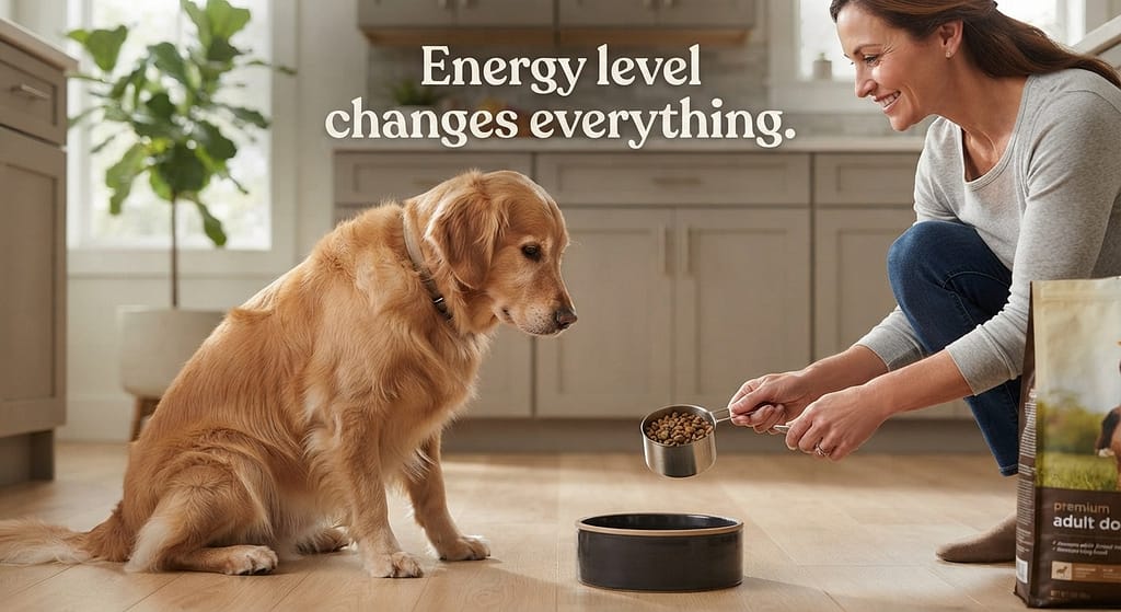 Adult dog feeding hero photo Adult dog waiting for food, owner with measuring cup. Text: "Energy level changes everything."
