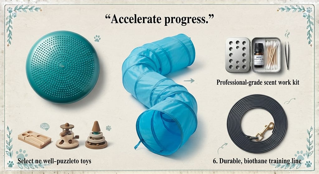 Equipment flat lay Balance disc, scent work kit, collapsible tunnel, puzzle toys, long line. Text: "Accelerate progress."