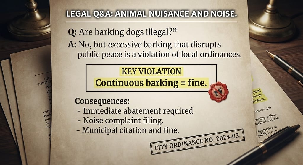 Legal Q&A graphic "Barking dogs illegal?" No, but excessive barking is a violation. Text: "Continuous barking = fine."