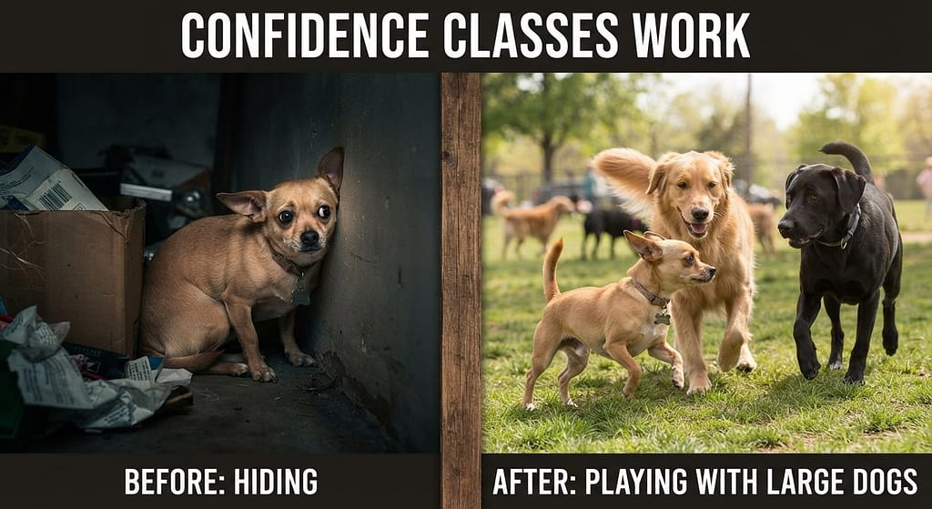 Luna before/after Before: hiding. After: playing with large dogs. Text: "Confidence classes work."