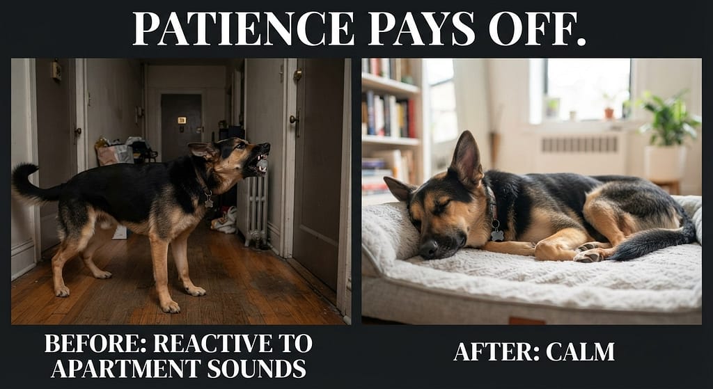 Max before/after Before: reactive to apartment sounds. After: calm. Text: "Patience pays off."