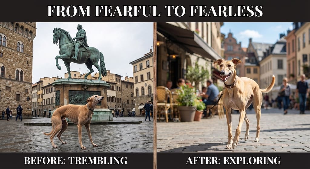 Bella before/after Before: trembling at statue. After: happy exploring city. Text: "From fearful to fearless."