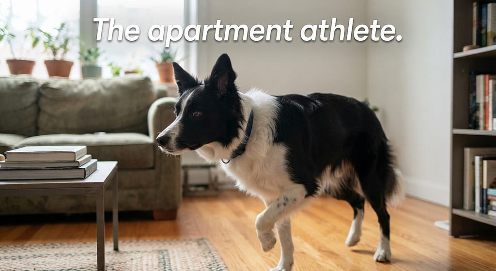 High energy dog photo Border Collie or Aussie pacing, energetic. Text: "The apartment athlete."