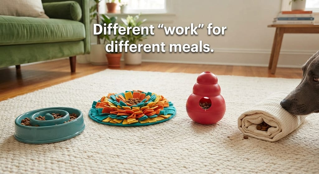 Bowl rotation photo Slow feeder, snuffle mat, puzzle toy, rolled towel. Text: "Different 'work' for different meals."