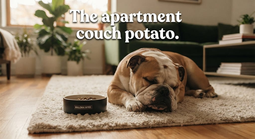 Low energy dog photo Bulldog sleeping near food bowl. Text: "The apartment couch potato."