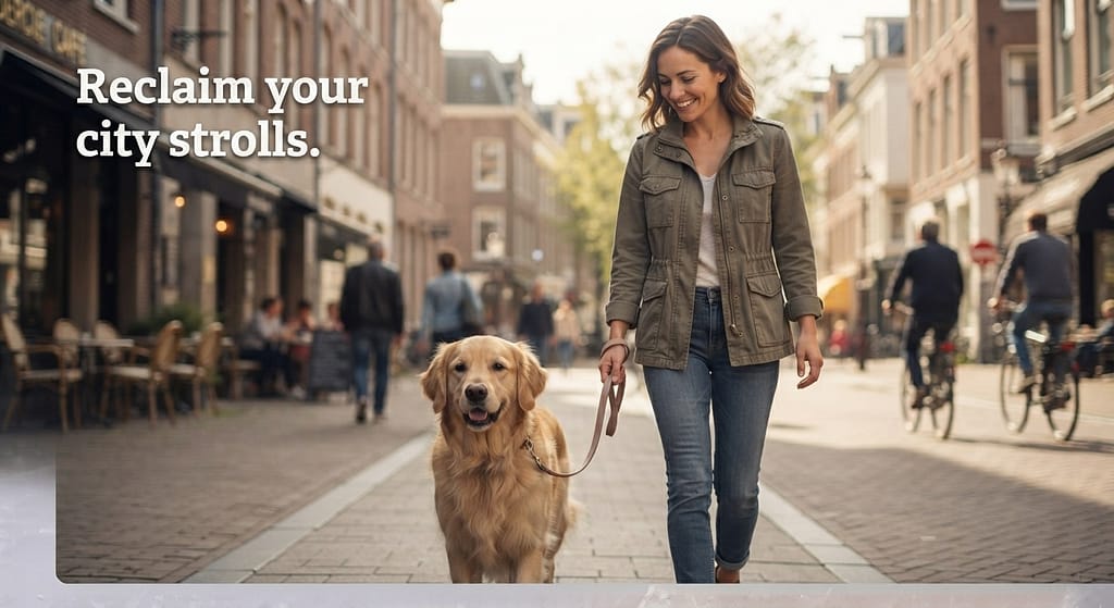 "After" hero photo Calm dog and owner enjoying a peaceful city walk, no barking. Text: "Reclaim your city strolls."