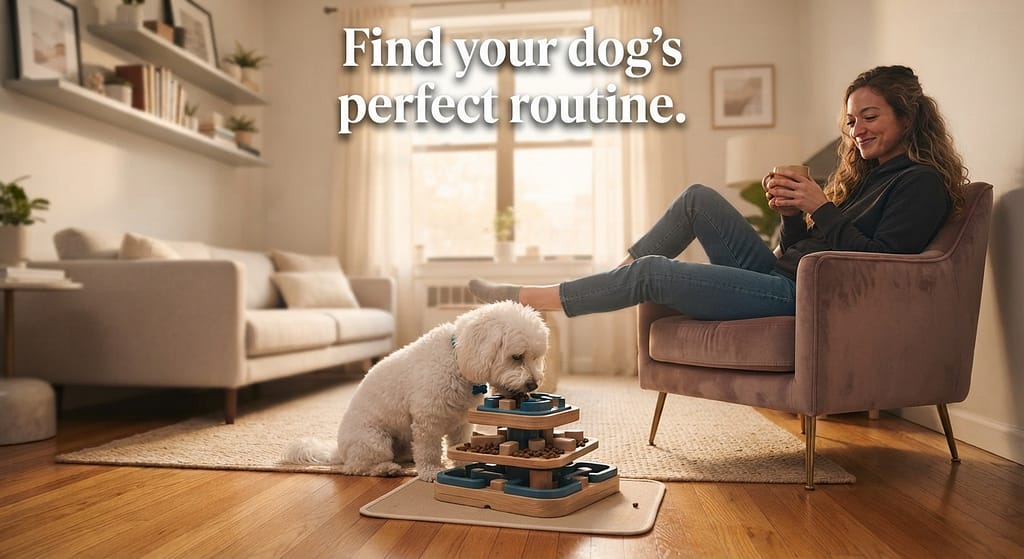 Aspirational hero photo Calm dog eating from puzzle toy, tidy apartment, relaxed owner. Text: "Find your dog's perfect routine."