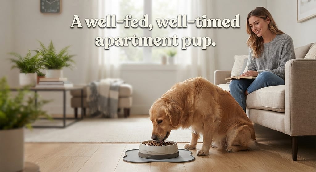 "After" hero photo Calm dog eating peacefully, relaxed owner, quiet apartment. Text: "A well-fed, well-timed apartment pup."