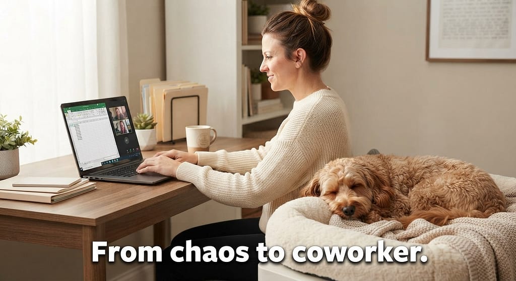 Aspirational hero photo Calm dog sleeping on bed near desk, owner working peacefully. Text: "From chaos to coworker."