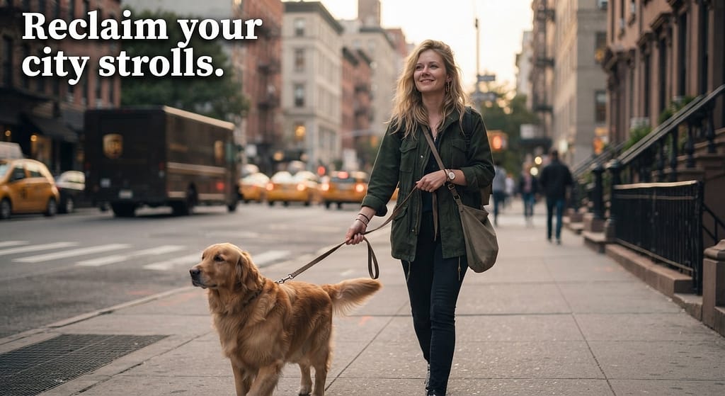 Aspirational hero photo Calm dog walking peacefully on city street, owner relaxed, ignoring distractions. Text: "Reclaim your city strolls."