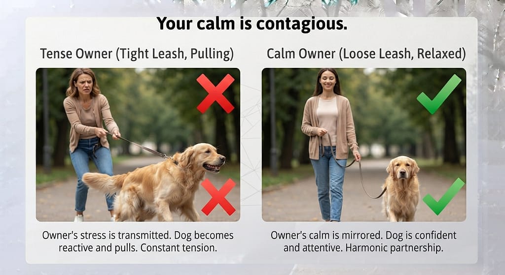 Calm owner vs tense owner comparison Tense owner (tight leash, pulling) vs Calm owner (loose leash, relaxed). Text: "Your calm is contagious."