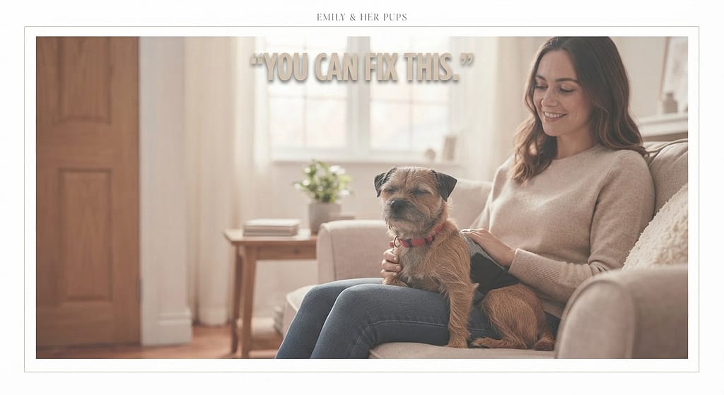 After" hero photo Calm small dog, peaceful owner, undamaged apartment. Text: "You can fix this."