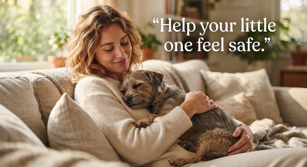 Aspirational hero photo Calm small dog resting peacefully, owner relaxed. Text: "Help your little one feel safe."