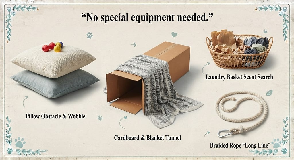 DIY alternatives photo Cardboard boxes, laundry baskets, blankets, pillows. Text: "No special equipment needed."