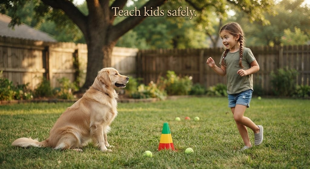 Kids and dogs photo Child playing Red Light Green Light with dog. Text: "Teach kids safely."
