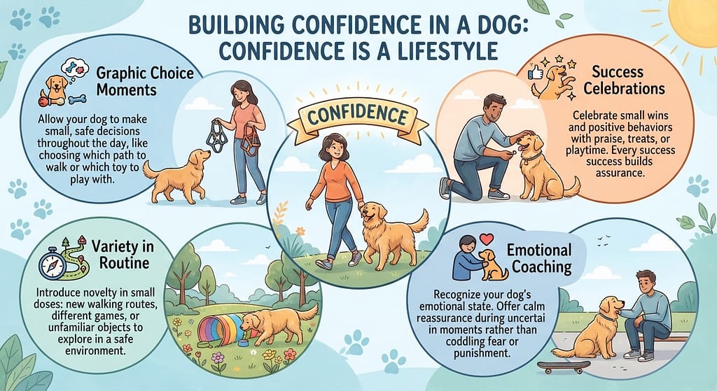 Daily opportunities graphic Choice moments / Success celebrations / Variety in routine / Emotional coaching. Text: "Confidence is a lifestyle."