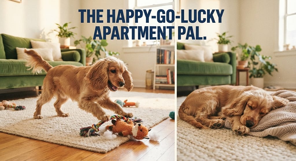 Medium energy dog photo Cocker Spaniel playing with toy, then napping. Text: "The happy-go-lucky apartment pal."