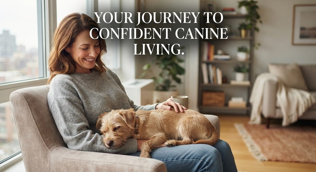 "After" hero photo Confident dog and owner enjoying apartment life, relaxed and happy. Text: "Your journey to confident canine living."