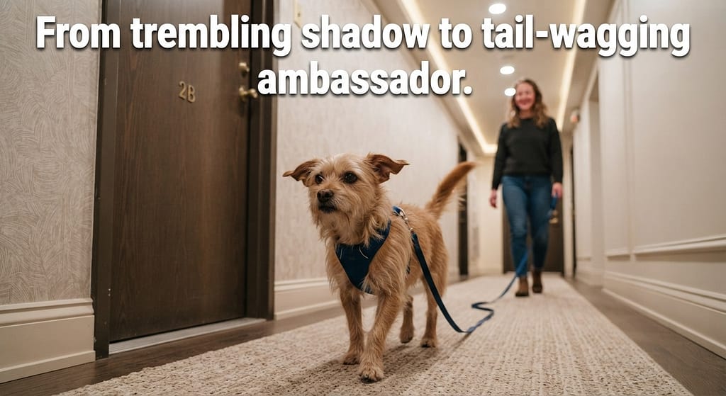 Aspirational hero photo Confident dog walking calmly through city apartment hallway, tail up. Text: "From trembling shadow to tail-wagging ambassador."