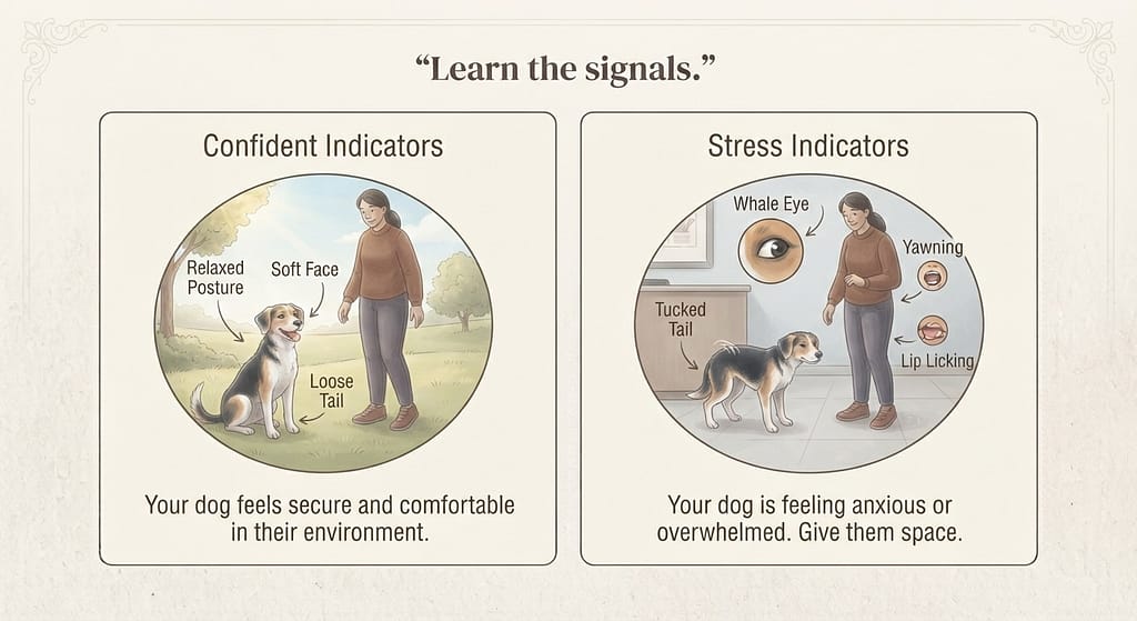 Confident vs stress indicators chart Confident: relaxed posture, soft face, loose tail. Stress: tucked tail, whale eye, yawning, lip licking. Text: "Learn the signals."