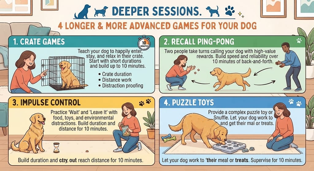 10-minute games graphic Crate Games, Recall Ping-Pong, Impulse Control, Puzzle Toys. Text: "Deeper sessions."