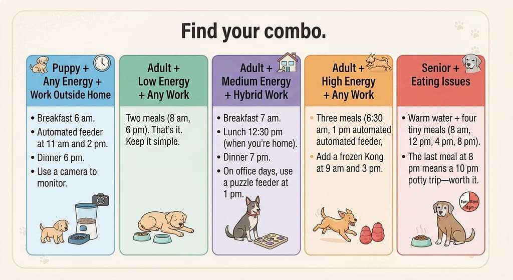 Custom schedule results graphic 5 combos with schedules. Text: "Find your combo."