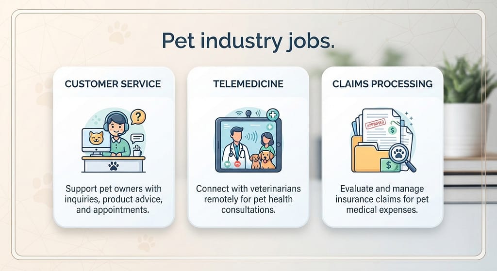 Pet job icons Customer service, telemedicine, claims processing. Text: "Pet industry jobs."