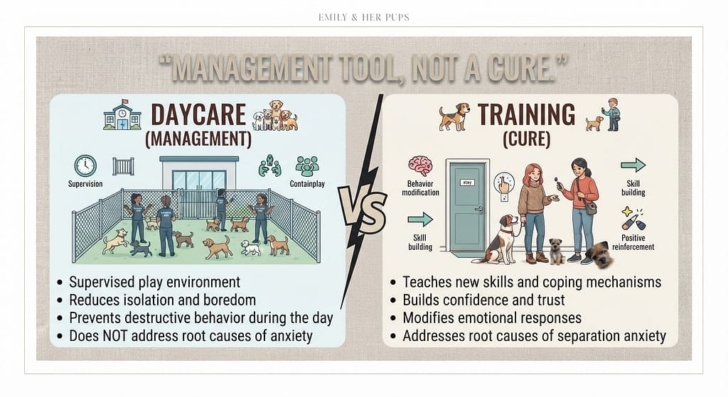 Daycare vs training graphic Daycare (management) vs Training (cure). Text: "Management tool, not a cure."