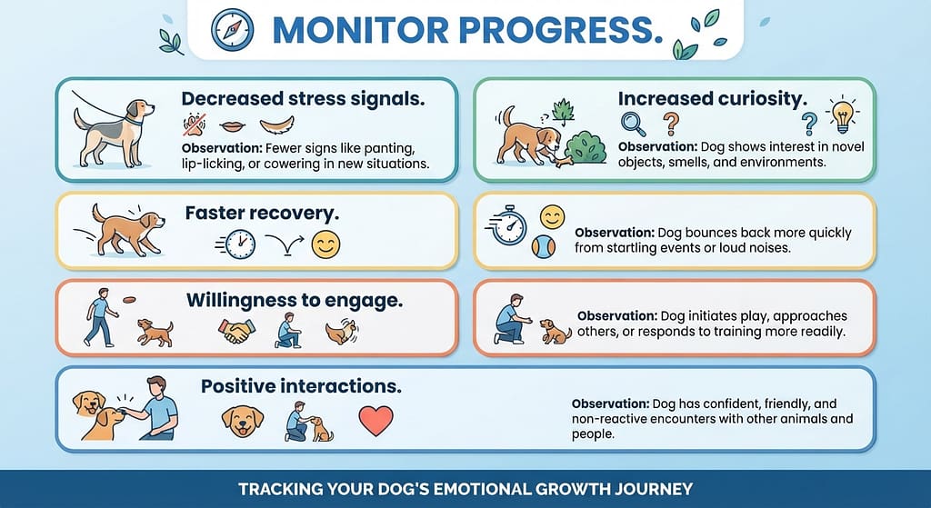 Progress tracker mockup Decreased stress signals / Increased curiosity / Faster recovery / Willingness to engage / Positive interactions. Text: "Monitor progress."