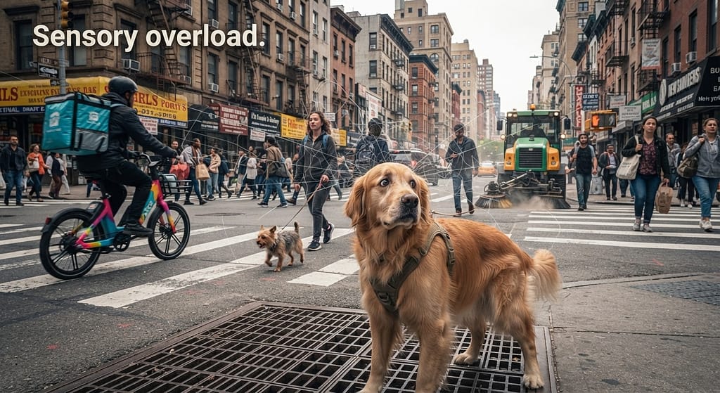 City triggers grid Delivery bikes, other dogs, unfamiliar people, street sweepers, crowds. Text: "Sensory overload."
