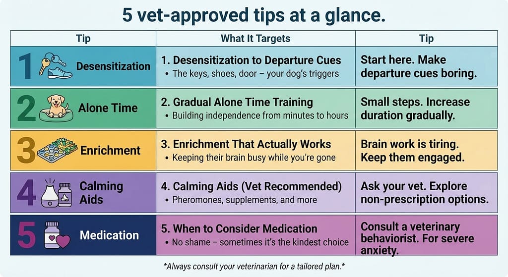 5 tips infographic Tip 1: Desensitization / Tip 2: Alone Time / Tip 3: Enrichment / Tip 4: Calming Aids / Tip 5: Medication. Color-coded. Text: "5 vet-approved tips at a glance."