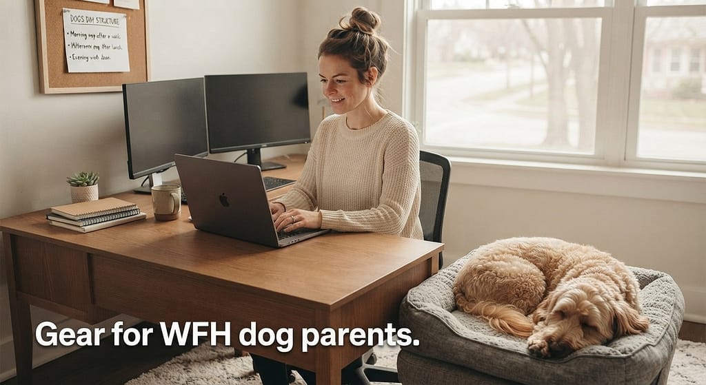 Workspace setup hero photo Desk with dog bed nearby, dog sleeping, owner working. Text: "Gear for WFH dog parents."