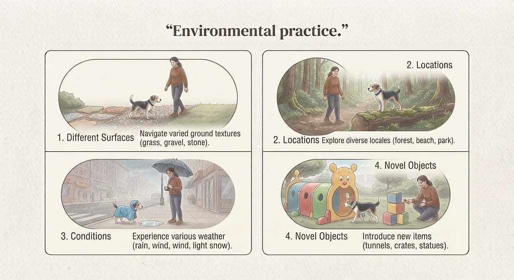 New environments collage Different surfaces, locations, conditions, novel objects. Text: "Environmental practice."