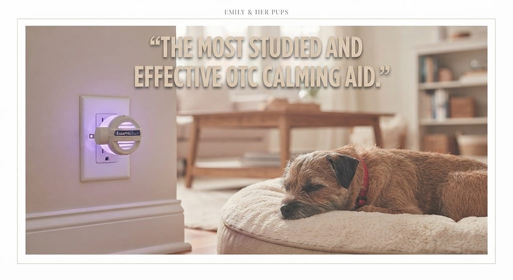 Adaptil diffuser photo Diffuser plugged in, dog nearby. Text: "The most studied and effective OTC calming aid."