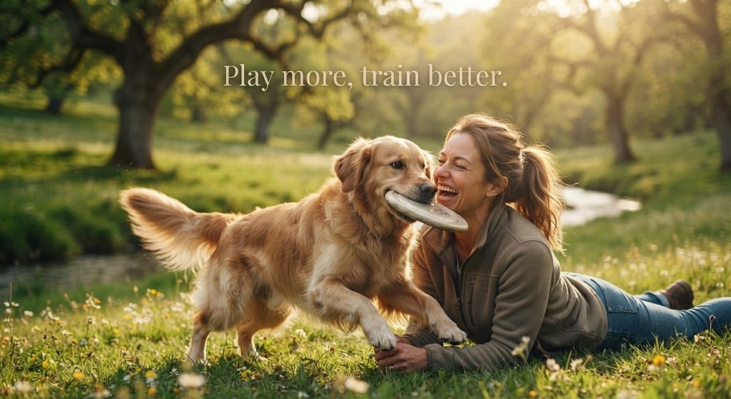 "After" hero photo Dog and owner playing joyfully, strong bond. Text: "Play more, train better."