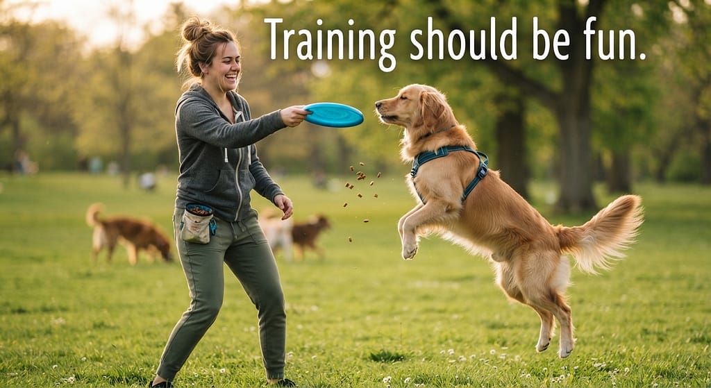 Aspirational hero photo Dog and owner playing joyfully, tail wagging, treats visible. Text: "Training should be fun."