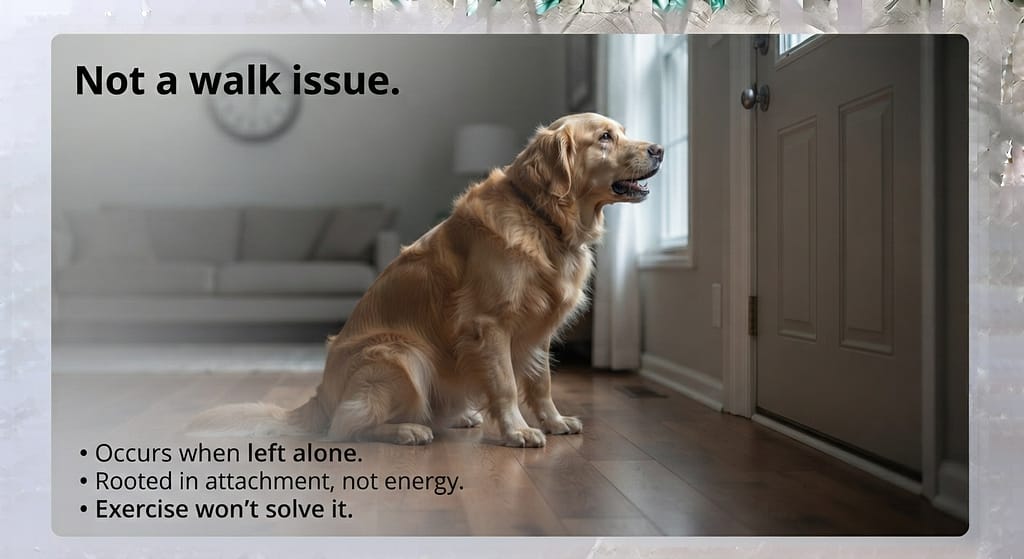 Separation anxiety graphic Dog barking alone at home. Text: "Not a walk issue."