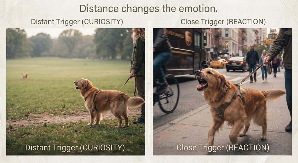 Distance bark comparison Dog barking at distant dog vs. dog barking at close trigger. Text: "Distance changes the emotion."