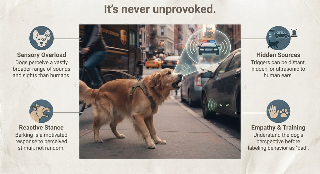 Phantom trigger graphic Dog barking at "invisible" trigger (siren, cat under car). Text: "It's never unprovoked."