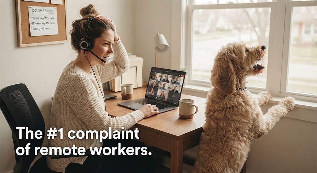 Barking management hero photo Dog barking at window, owner on headset. Text: "The #1 complaint of remote workers."