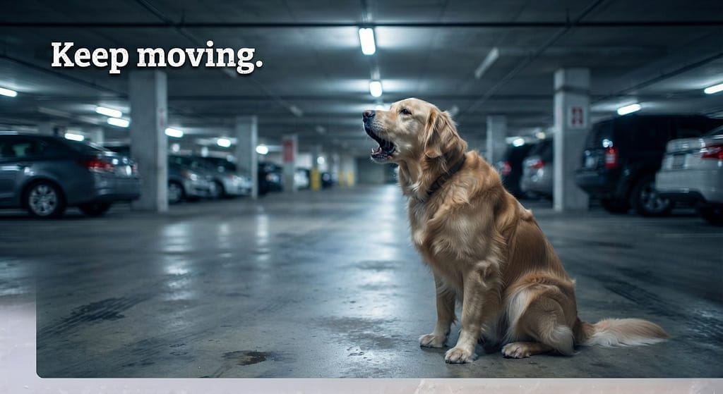 Parking garage photo Dog barking in echoing garage. Text: "Keep moving."