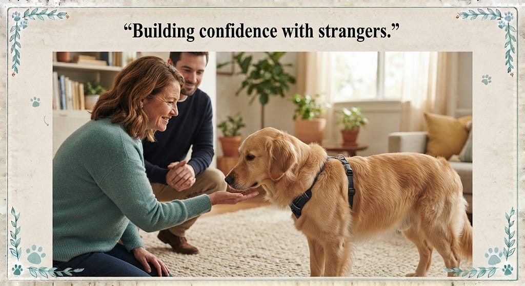 Social confidence hero photo Dog calmly meeting stranger, owner relaxed. Text: "Building confidence with strangers."